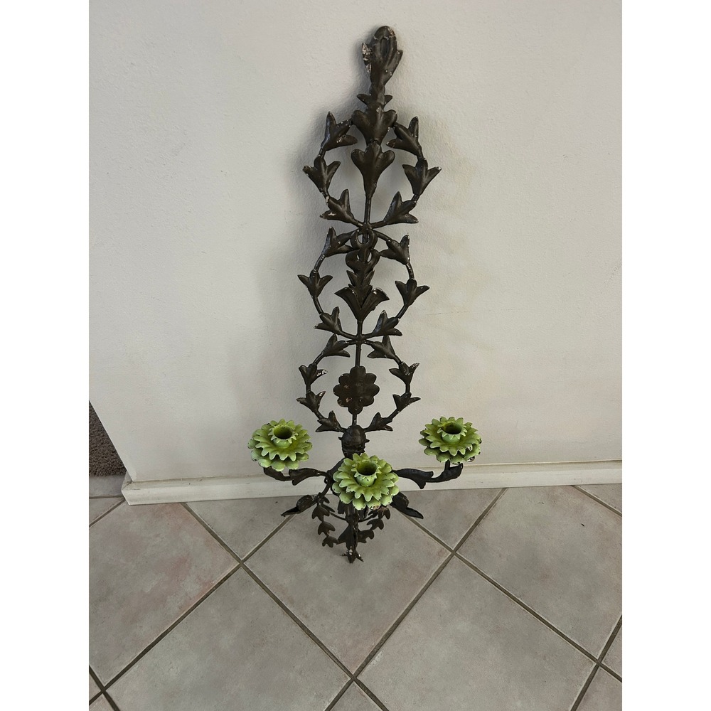 Antique Wrought Iron Wall Sconce Candelabra Green Flower Leaf Ornate Dark - Picture 3 of 5